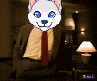 a man wearing a suit and tie with a husky mask on his face