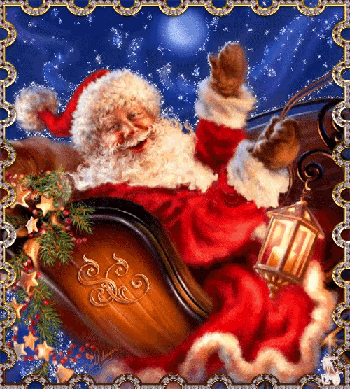 a painting of santa claus sitting in a sleigh with a lantern