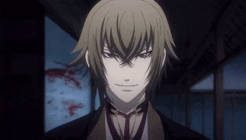 a close up of a anime character with long hair and a serious look on his face in a dark room .