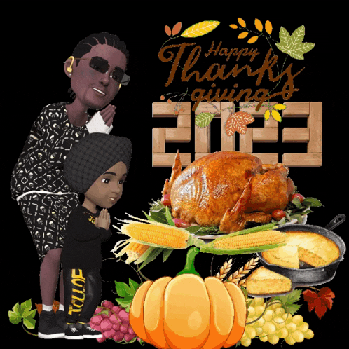 a happy thanksgiving greeting with a turkey and a boy