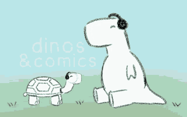 a drawing of a dinosaur and a turtle with the words dinos & comics behind it