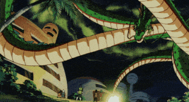 a green dragon is surrounded by buildings in a cartoon scene
