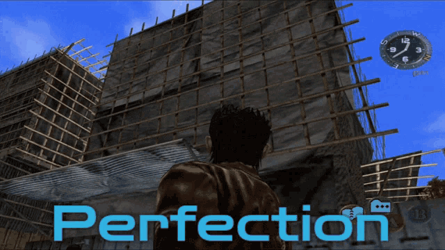 a video game shows a man standing in front of a building with perfection written in blue