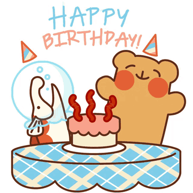 a cartoon of a bear and a rabbit with a birthday cake and the words happy birthday