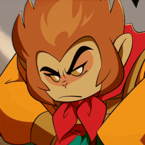 a close up of a cartoon monkey with a red scarf around his neck
