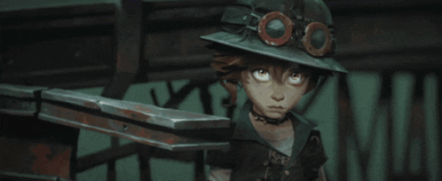 a cartoon character wearing a hat and goggles is looking at the camera