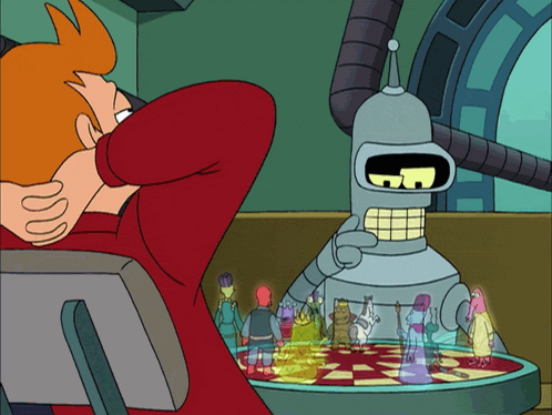 bender from futurama is looking at a group of people
