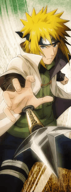a man with yellow hair is holding a sword with chinese writing