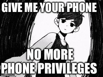 a black and white drawing of a boy with the words `` give me your phone no more phone privileges ''