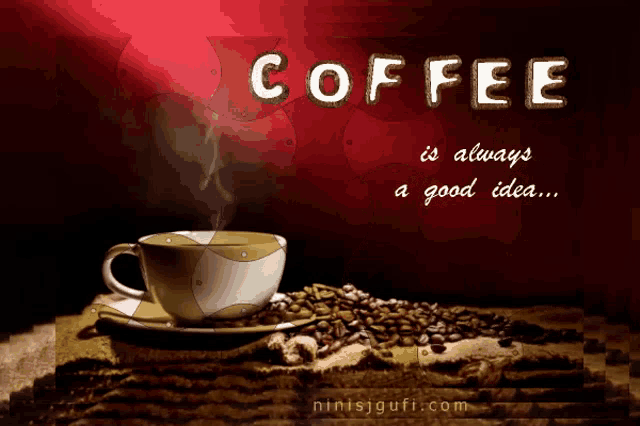 a cup of coffee sits on a saucer next to a pile of coffee beans