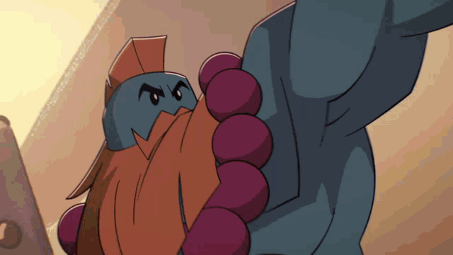 a cartoon character with a beard and a purple bracelet