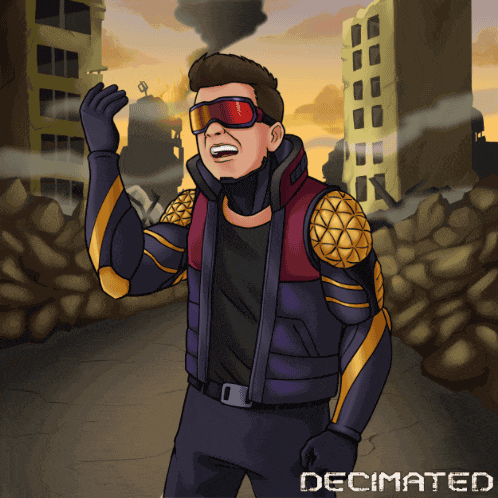 a cartoon drawing of a man with the word decimated below him