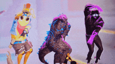 a group of people dressed in costumes are dancing together