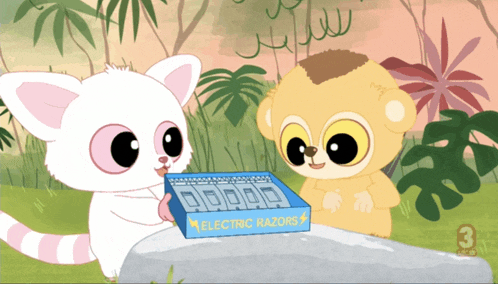 a box of electric razors sits on a rock next to two cartoon characters
