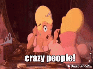 a cartoon of a woman looking at herself in a mirror with the words crazy people