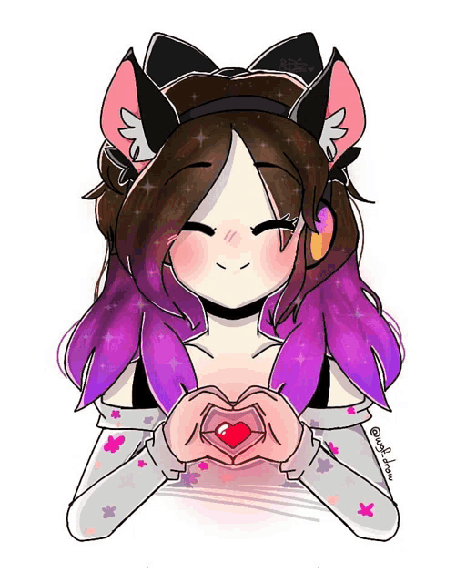 a drawing of a girl with cat ears and purple hair making a heart with her hands