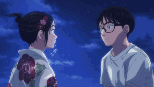 a boy and a girl are looking at each other with a star in the sky behind them