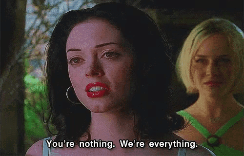 a woman with red lips says you 're nothing we 're everything