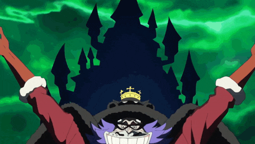 a cartoon character has a crown on his head and a castle in the background