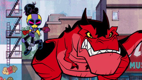 a cartoon character is standing next to a large red monster with a mcdonald 's sign in the background