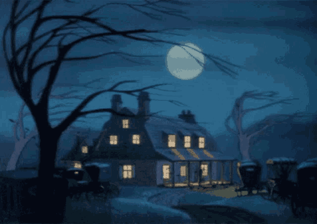 a full moon shines brightly over a haunted house