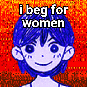 a cartoon of a girl with blue hair and a red background that says `` i beg for women '' .