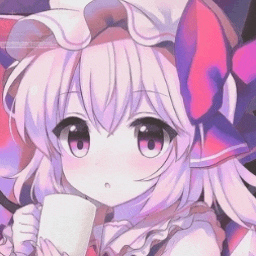 a pink and purple anime girl is holding a cup .