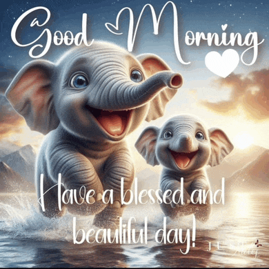 a picture of two baby elephants with the words good morning have a blessed and beautiful day