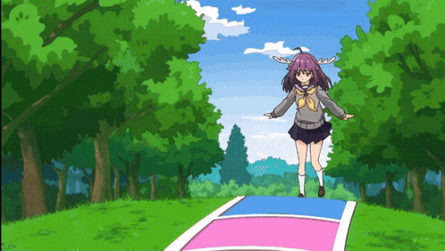 a girl with antlers is jumping over a trampoline in the woods