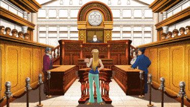 a woman stands in front of a judge in a courtroom holding a piece of paper