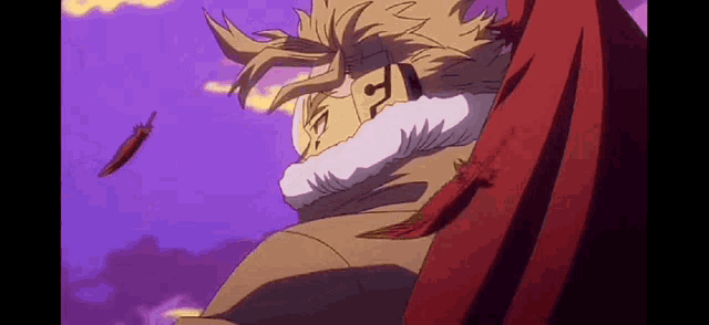 hawks from my hero academia is flying through the air with feathers flying around his head .