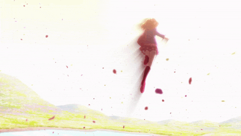 a girl in a red skirt is flying through the air with petals falling around her