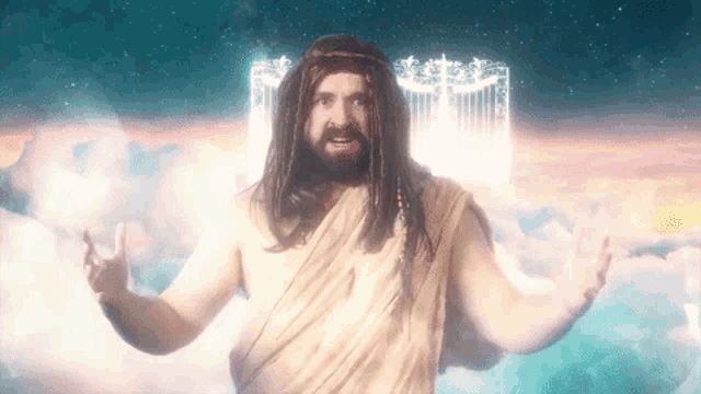a man with dreadlocks and a beard is standing in the clouds with his arms outstretched