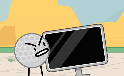a cartoon illustration of a golf ball standing next to a computer monitor