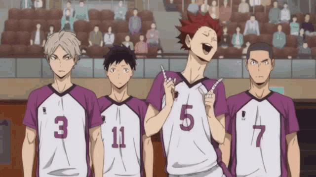 a group of volleyball players wearing purple and white jerseys with the numbers 3 11 5 and 7