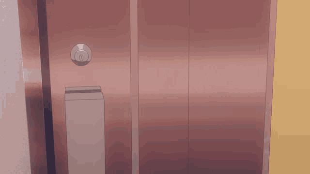 a girl with blue hair looks out of a door
