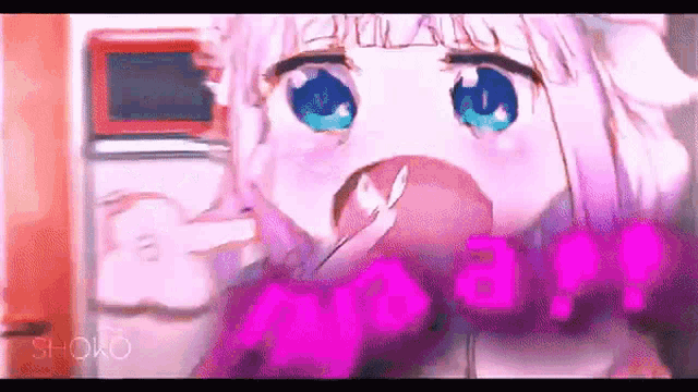 a close up of a anime girl with blue eyes eating a pink item .