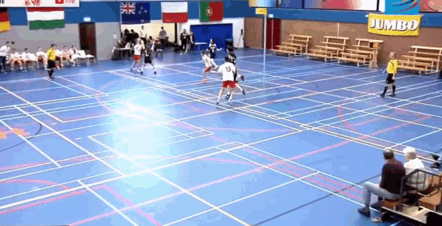 a jumbo sign hangs above a sports court