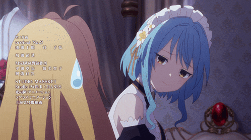 a girl with blue hair is standing next to another girl in a room
