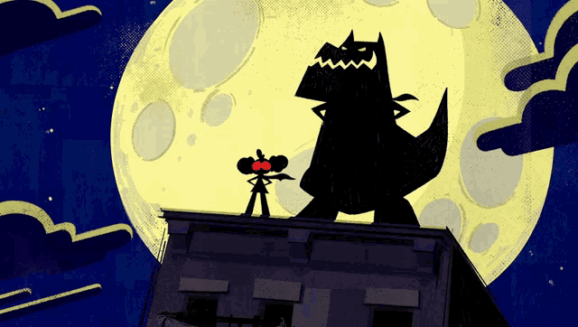 a cartoon of a monster standing on top of a building in front of a full moon