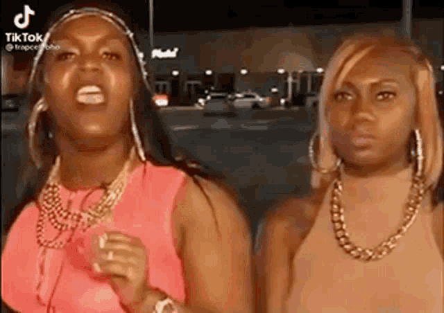 two women are standing next to each other in a parking lot and one of them is screaming .