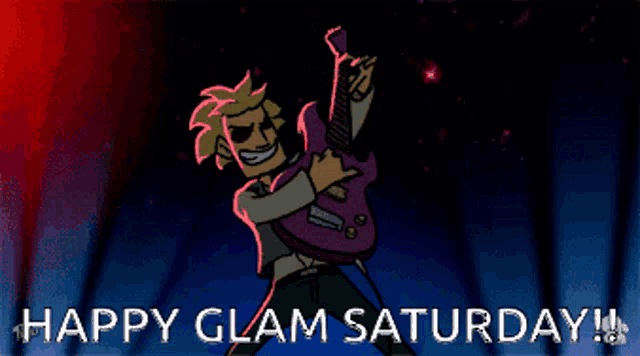 a cartoon of a man holding a guitar with the words happy glam saturday
