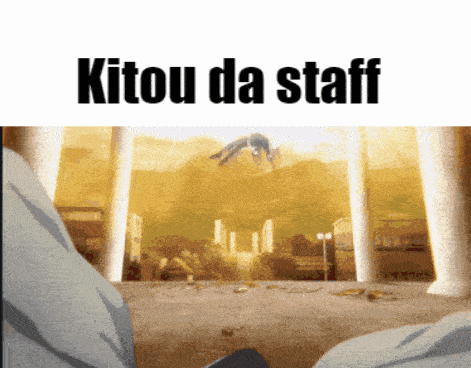 a man is flying through the air with the words kitou da staff