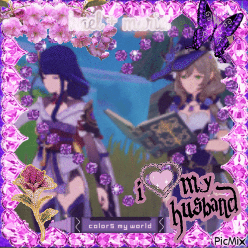 a picture of two anime characters with the words " i love my husband "