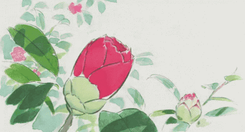 a drawing of a red flower with green leaves on a white background