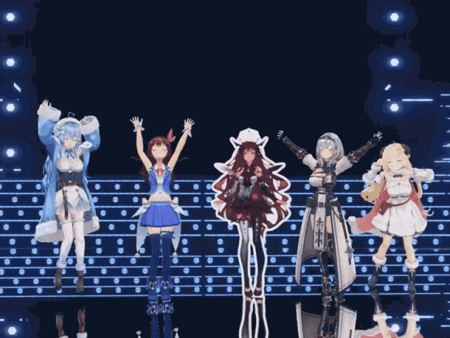 a group of anime characters are standing on a stage