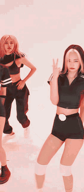 a girl in a black crop top and shorts is dancing with other girls