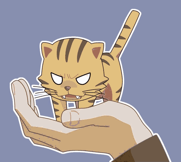 a cartoon cat is being held in someone 's hand with its mouth open