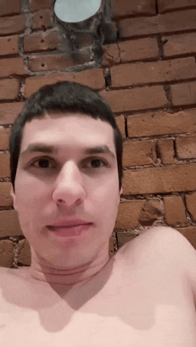 a shirtless man looks at the camera with a brick wall behind him