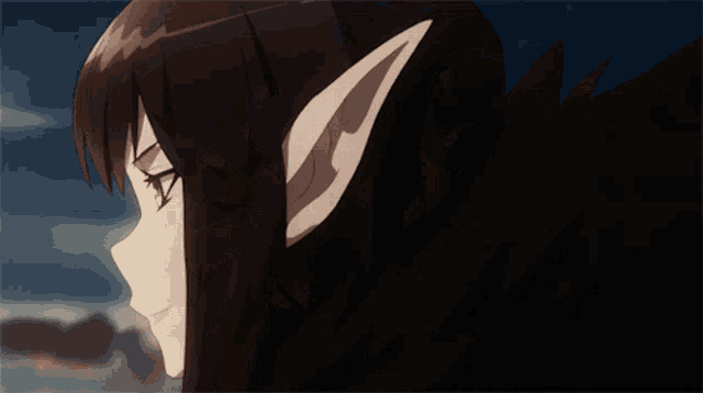 a close up of a cartoon character with a very long black hair and elf ears